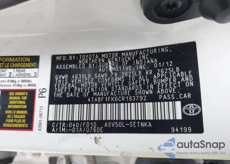 2012 Toyota Camry Le z USA, uszkodzony, nr VIN 4T4BF1FK6CR193792